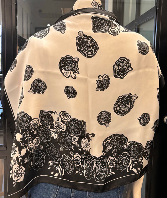 Silk feeling square Scarf Black and white roses