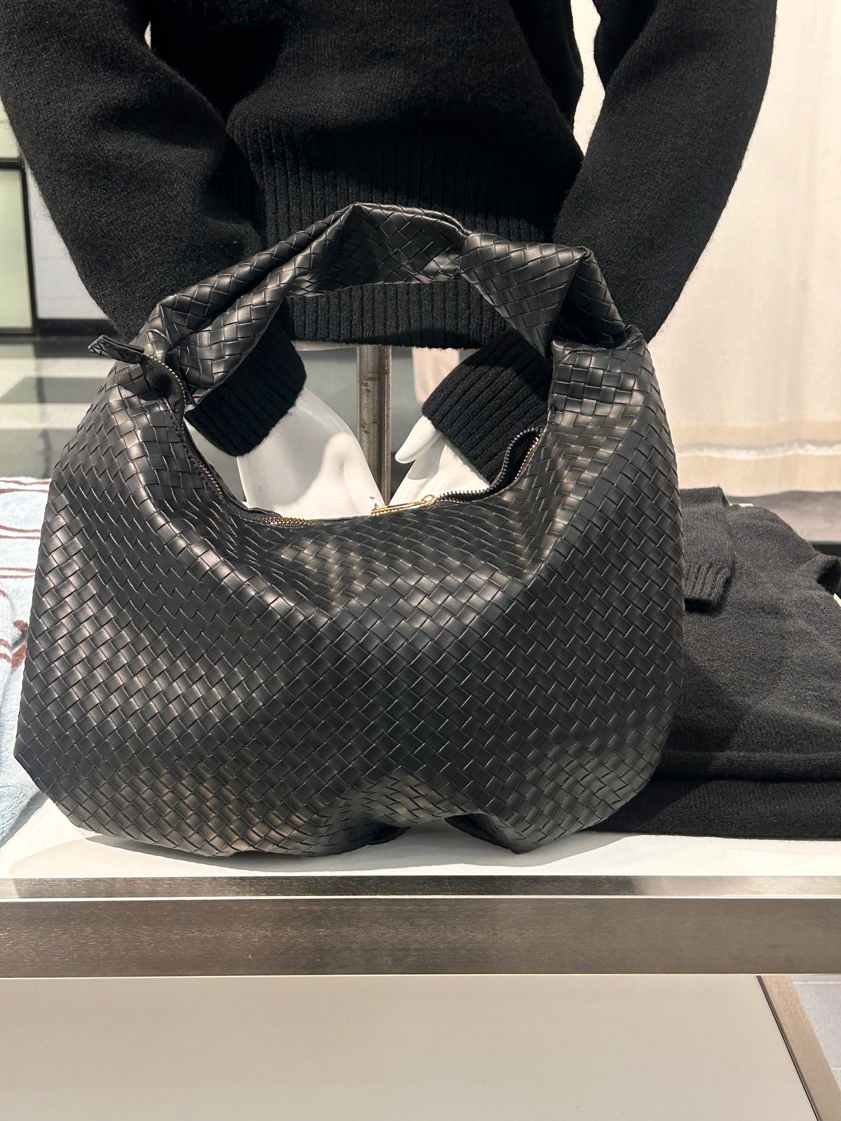 Weaved knot black tote bag